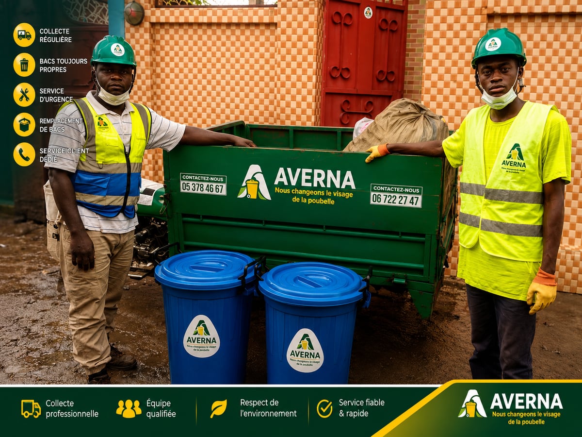 Agents AVERNA avec tricycle de collecte et bacs 100 L